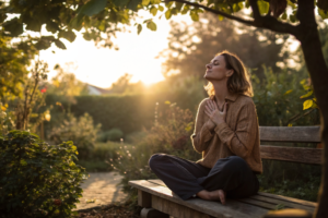 Vaguszenuw oxytocine discipline: vrouw die rustig ademt in warm ochtendlicht