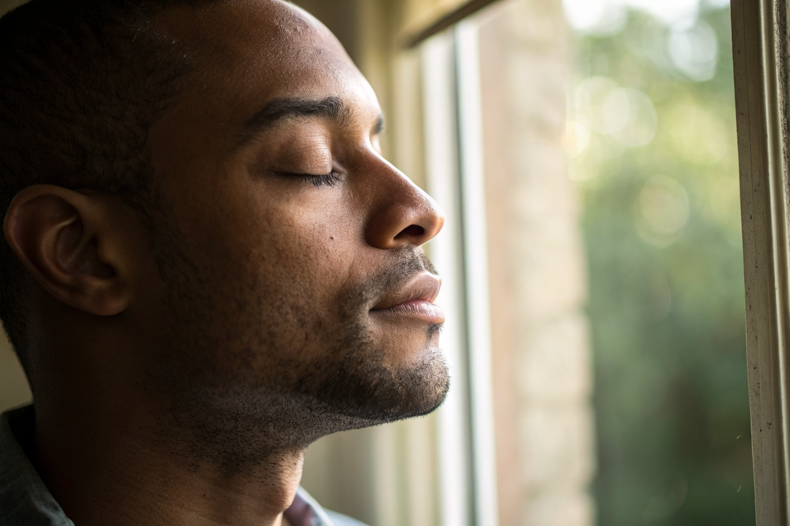 Close-up van man met gesloten ogen als symbool voor aanwezigheid en decentrering