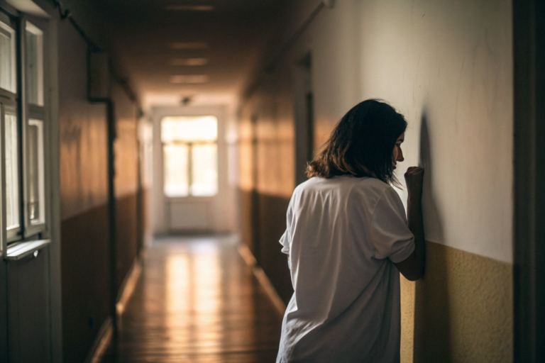 Vrouw die sterkte bewijst alleen in een gang met ochtendlicht