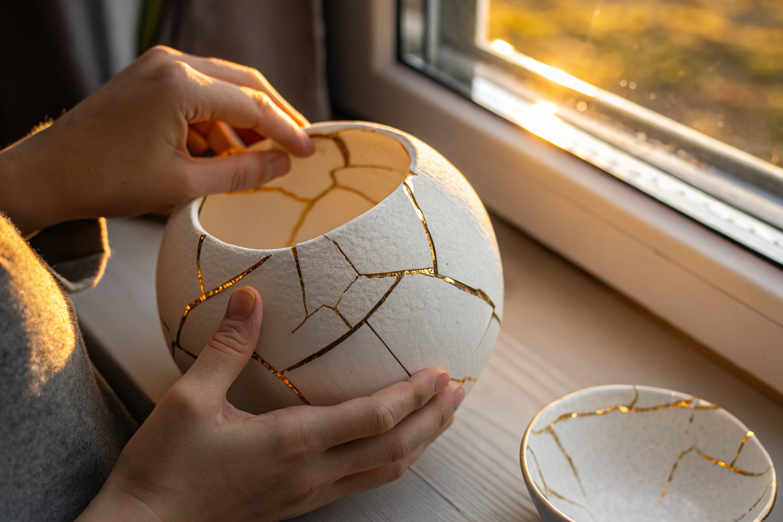 Gebroken aardewerk met gouden reparatie als beeld voor reparatie in relaties