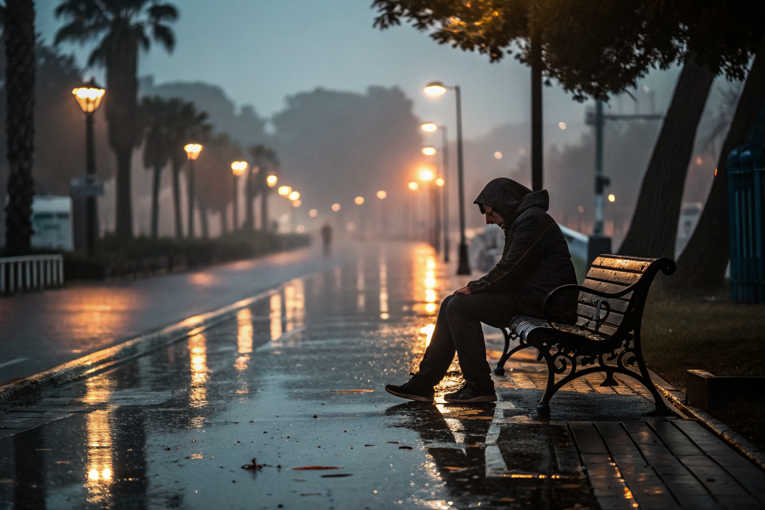 Silhouet op bankje in regen over schuld en schaamte bij grenzen stellen