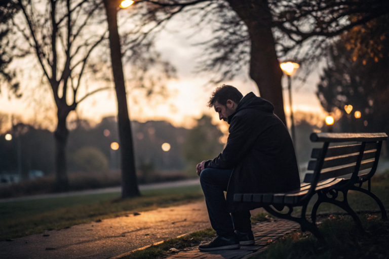 Man alleen op bankje — waarom mannen geen langdurige relatie opbouwen