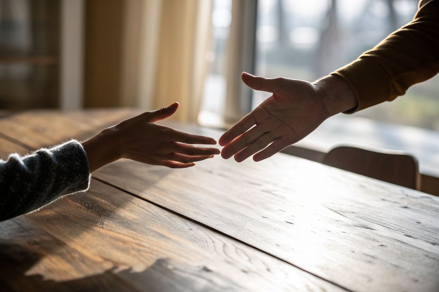 Handen die elkaar bijna raken — emotionele veiligheid in een langdurige relatie