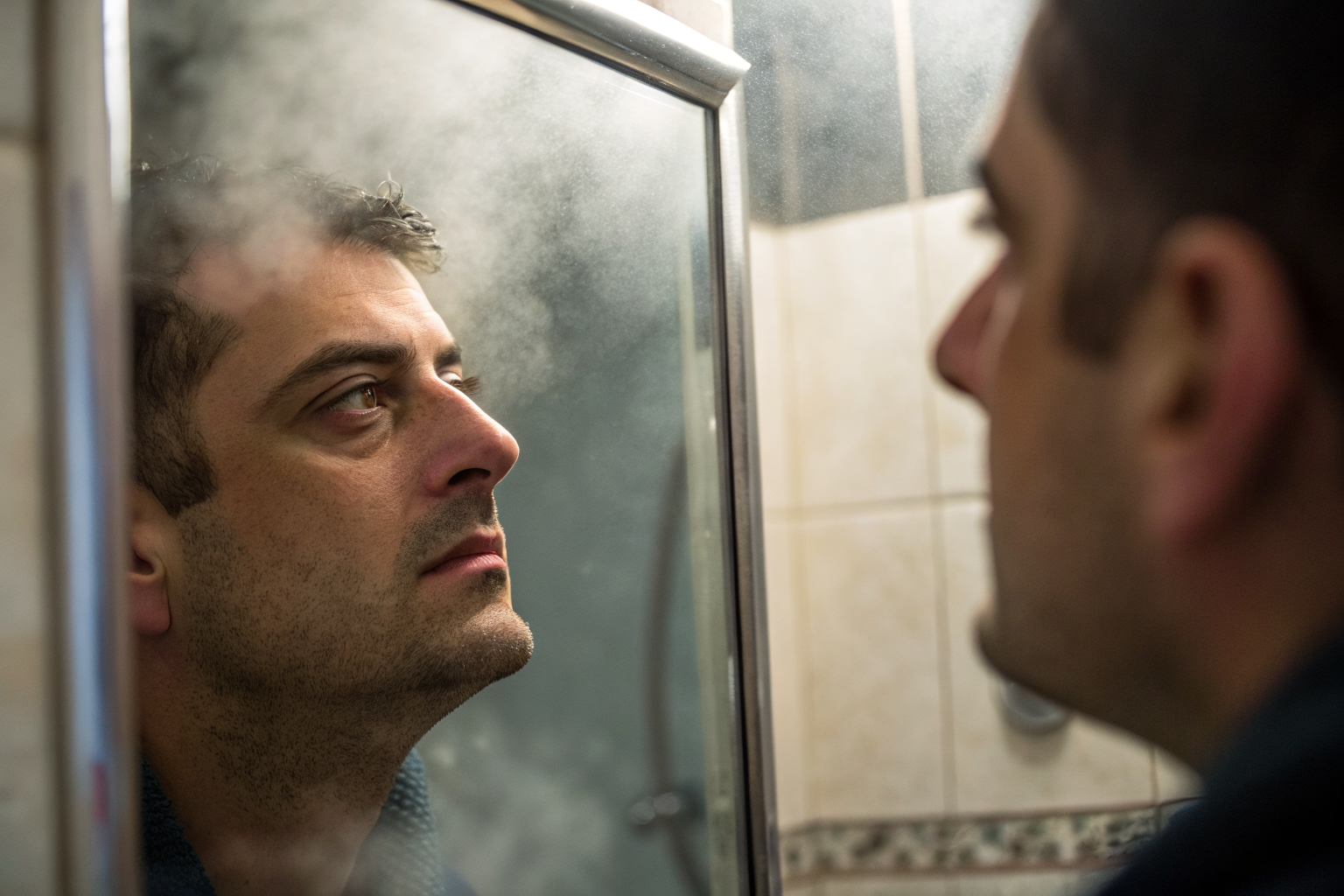 Man kijkt in spiegel — innerlijk werk voor mannen die een langdurige relatie opbouwen