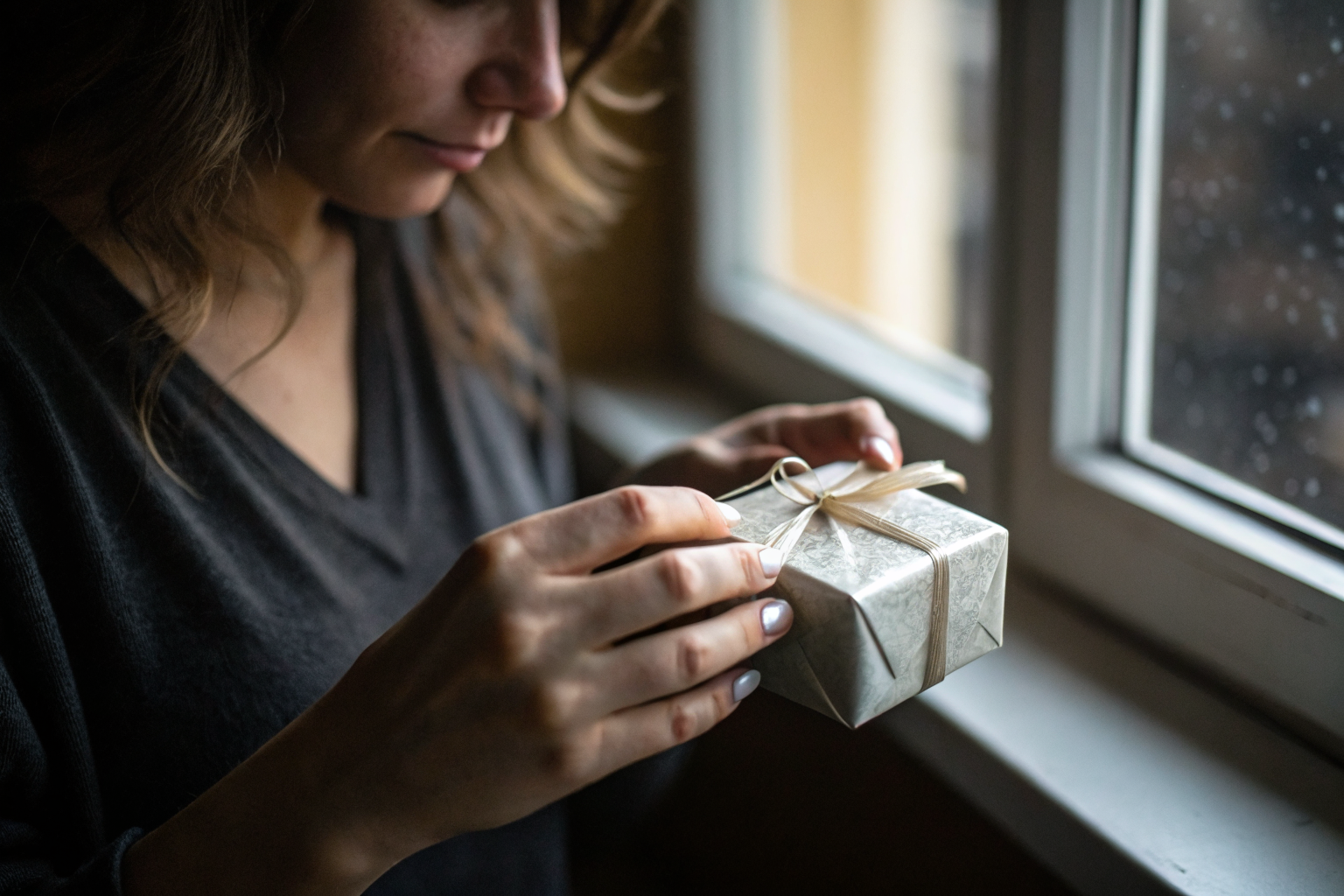 Vrouwenhanden die een cadeau vasthouden maar niet openen als beeld van receptiviteit verlies