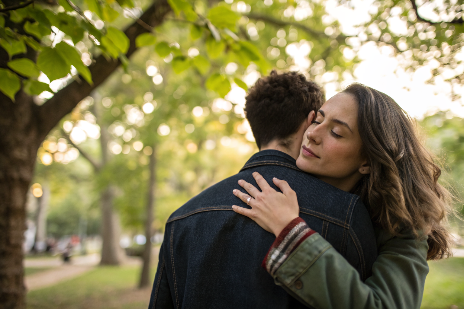 Troostend gebaar in park — acceptatie van je partner geeft het zenuwstelsel rust