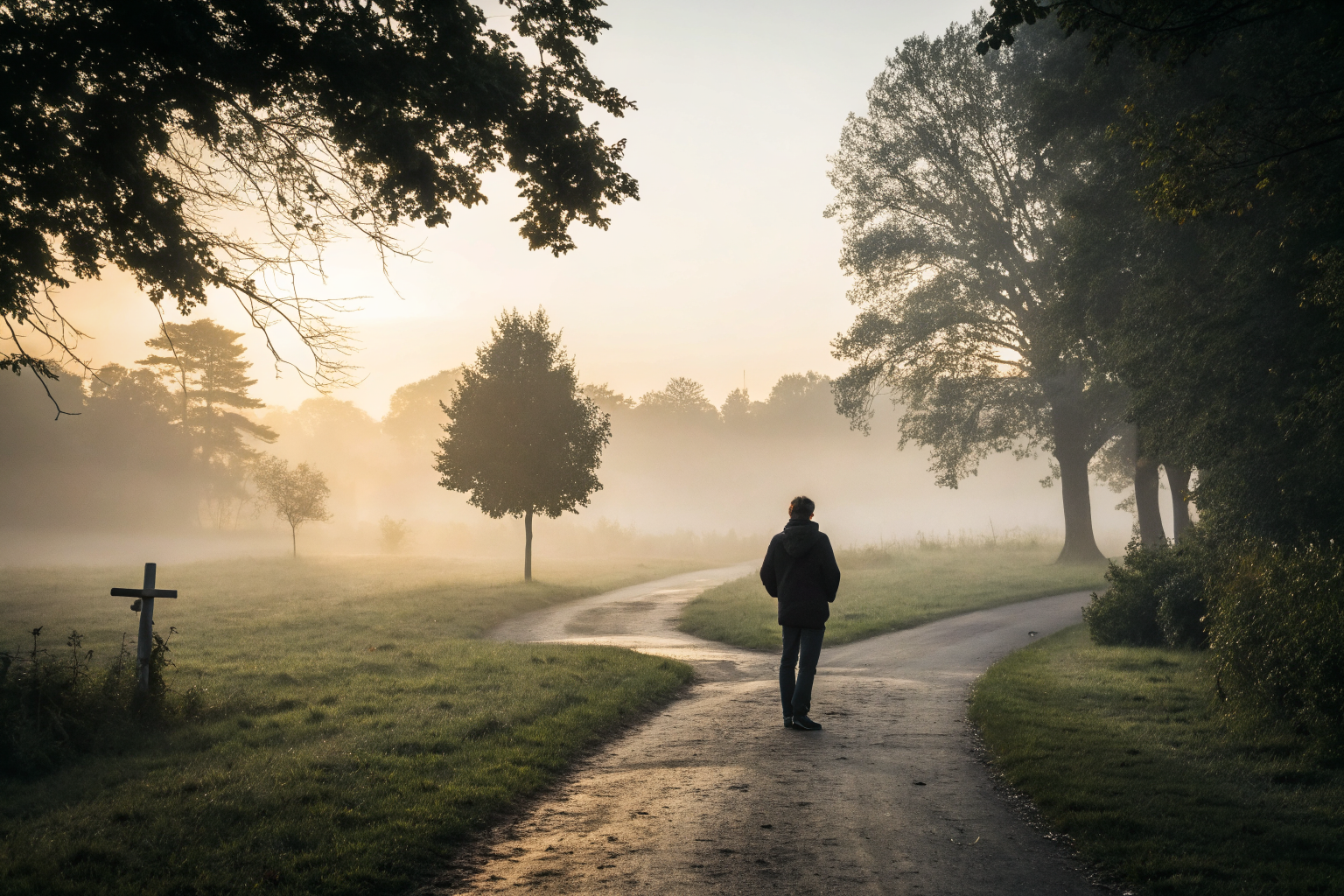 Spijt bij een relatie keuze: figuur op een kruispunt van twee paden in de ochtendmist