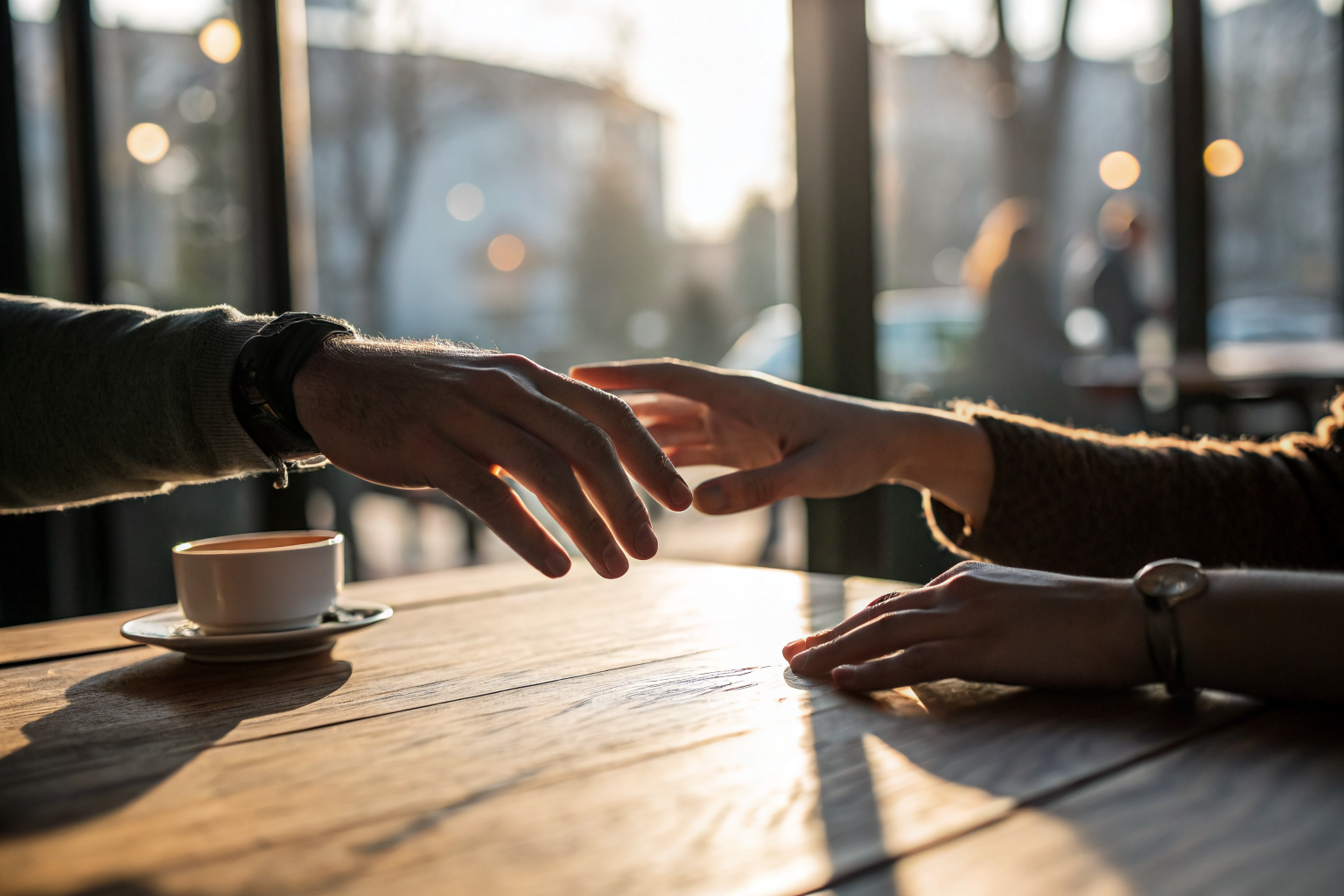 Twee handen die naar elkaar reiken over tafel — veiligheid in je relatie toetsen