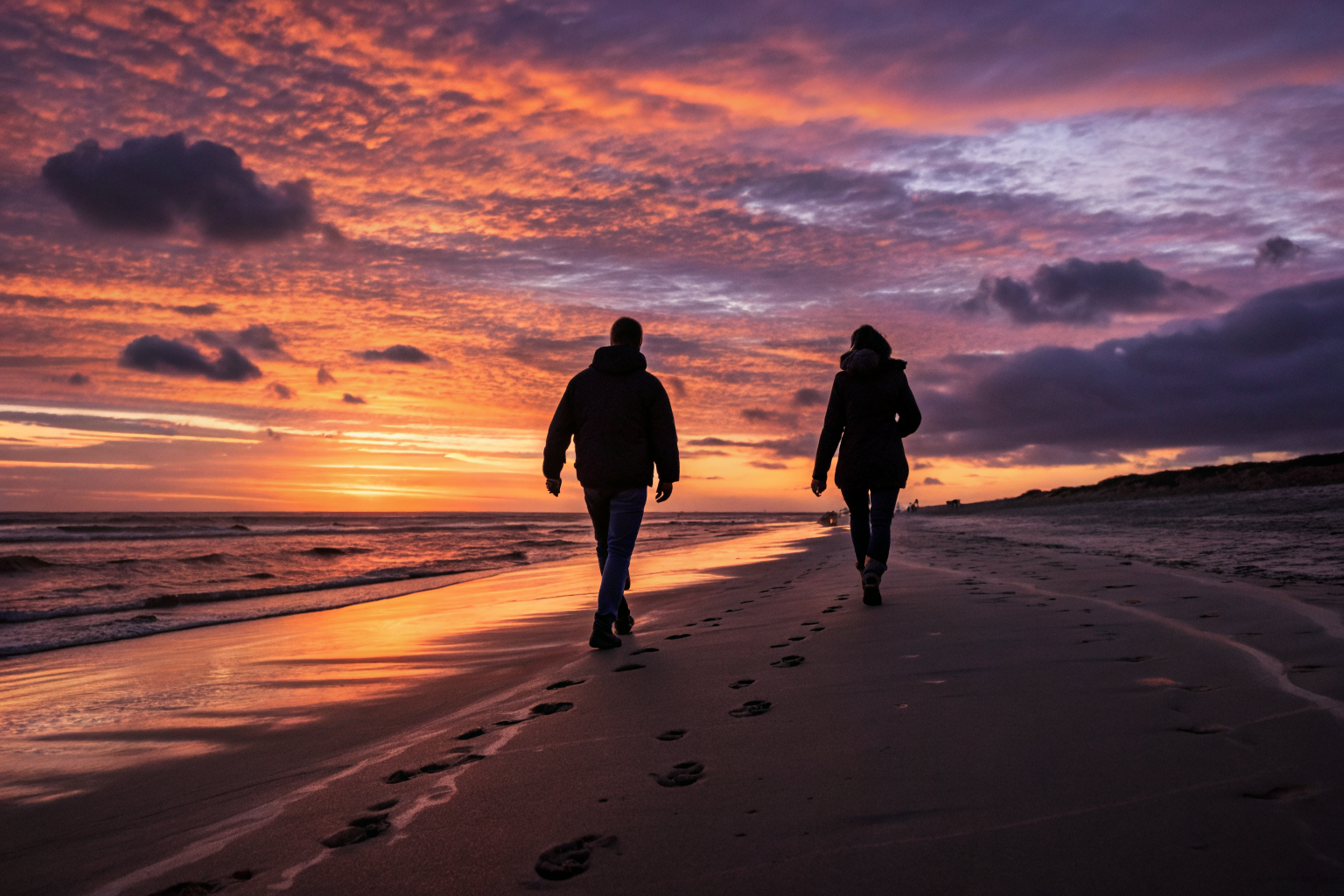 Twee silhouetten op strand richting zonsondergang — samen groeien in je relatie