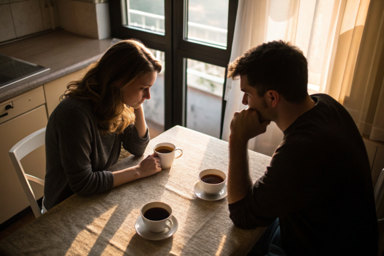 Koppel aan keukentafel met koffie — 5 vragen relatie gezondheid check-in