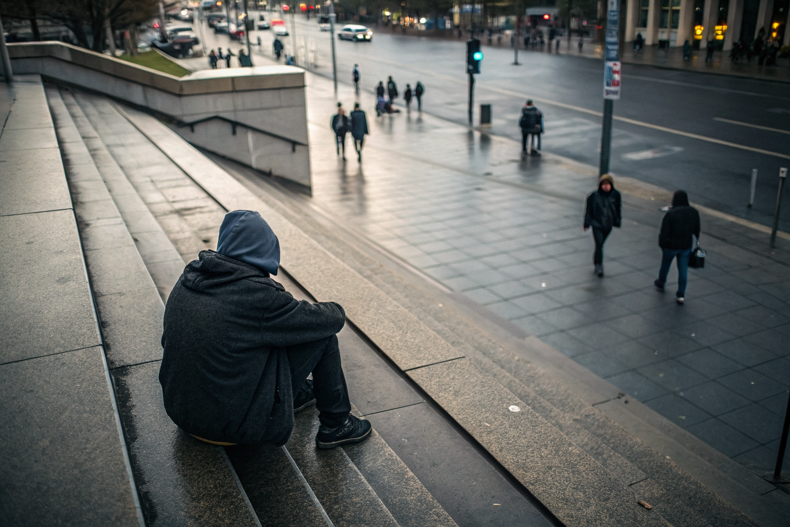 Persoon alleen op trap terwijl anderen voorbijlopen als gevolg van therapietaal in relaties