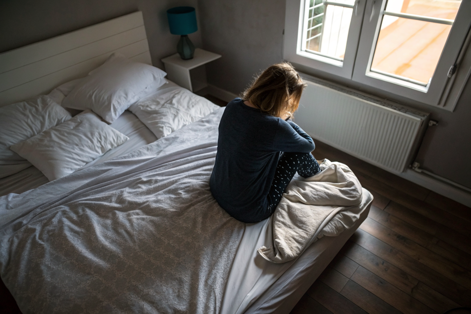 Beeld bij twijfels over je relatie: one adult woman sitting on the edge of an unmade bed