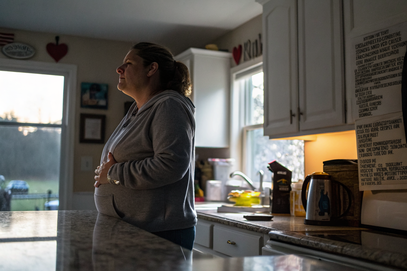 Beeld bij twijfels over je relatie: one adult woman standing at a kitchen counter taking a slow breath
