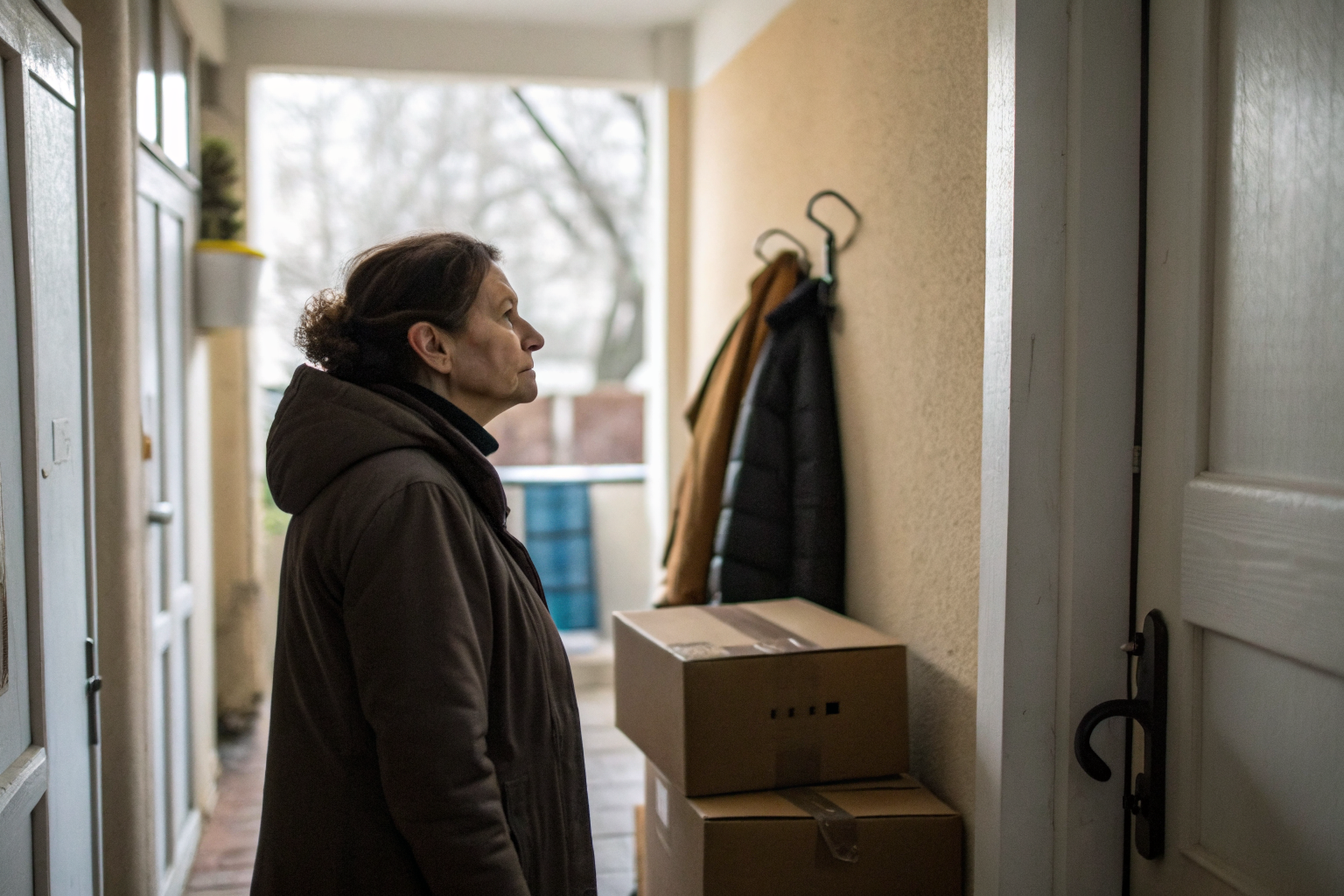 Beeld bij twijfels over je relatie: one adult woman pausing beside moving boxes in a hallway