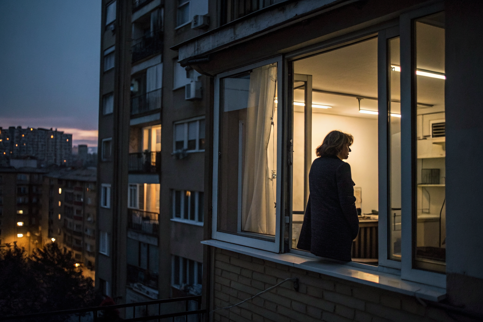 Beeld bij twijfels over je relatie: one adult woman looking out from an apartment window at dusk