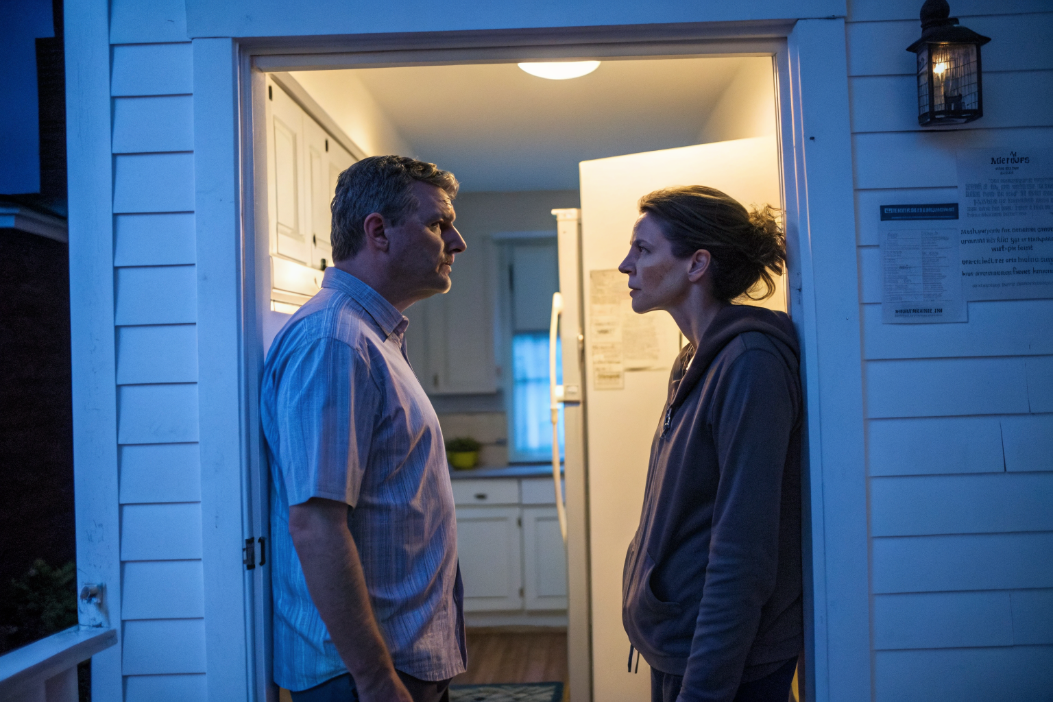 Beeld bij one adult man and one adult woman standing apart in a kitchen doorway