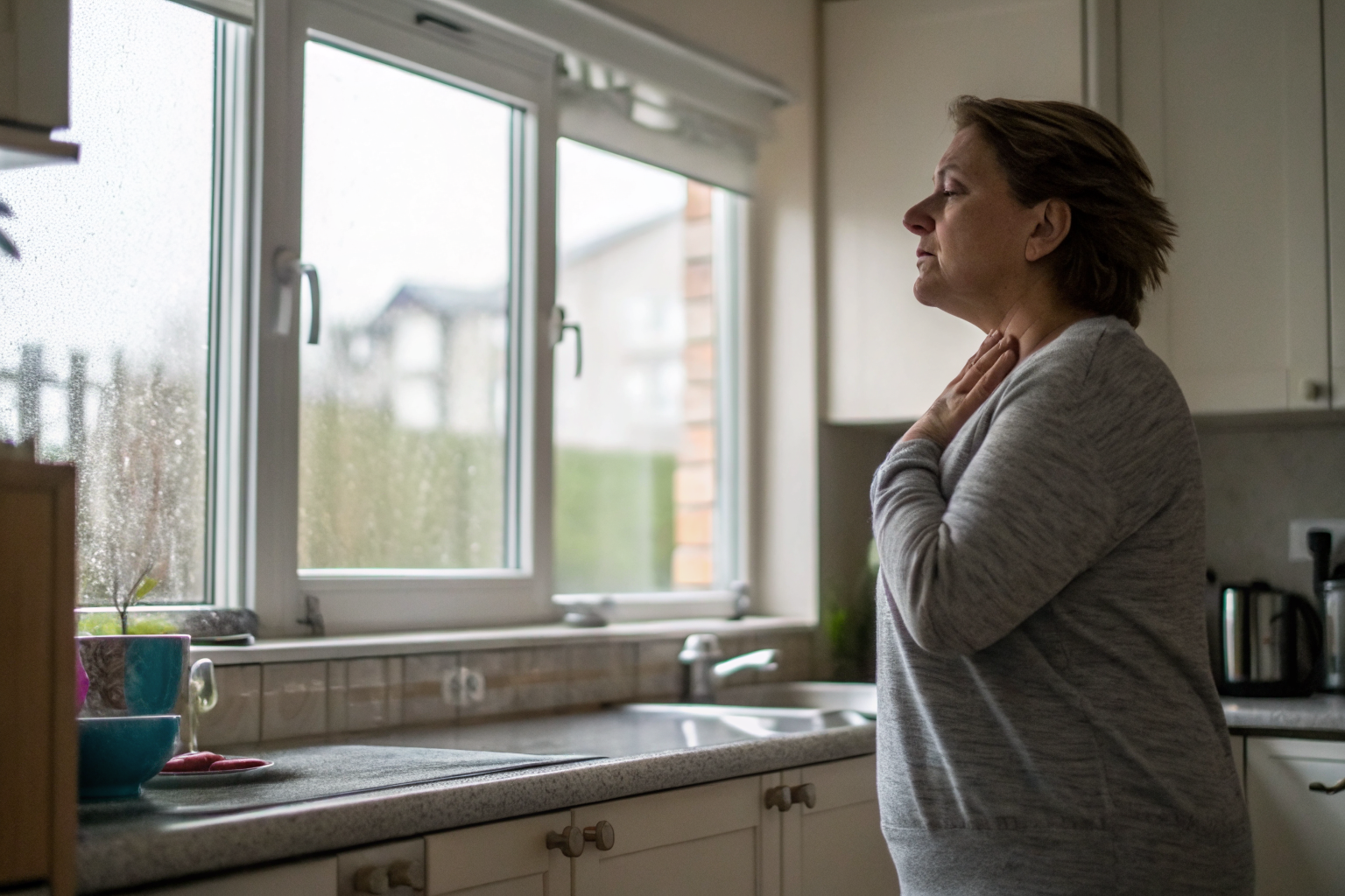 Beeld bij verantwoordelijkheid nemen: one adult woman standing at a kitchen counter taking a slow breath