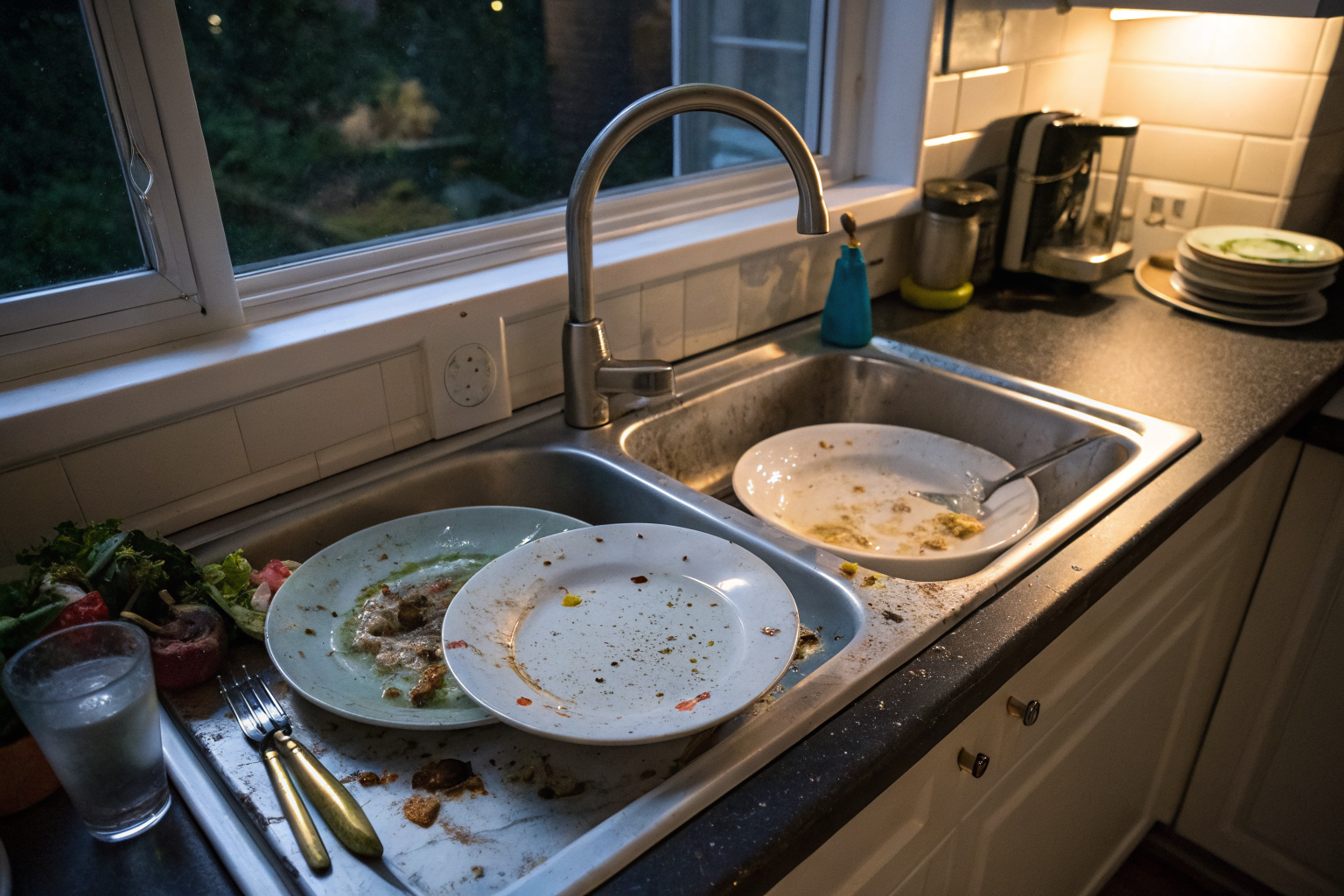 Beeld bij verantwoordelijkheid nemen: two plates beside a kitchen sink after dinner
