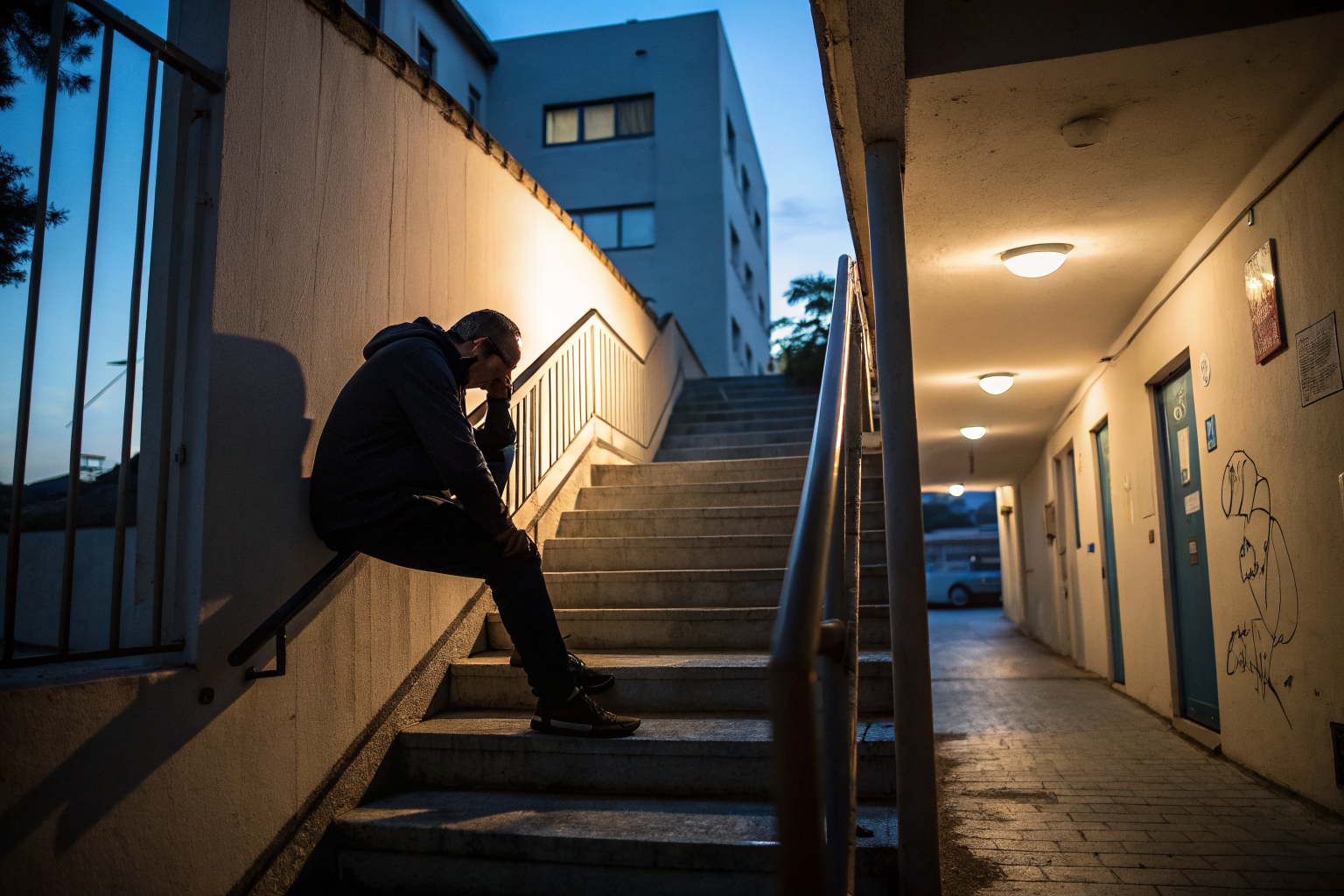 Beeld bij one adult man paused halfway down a staircase