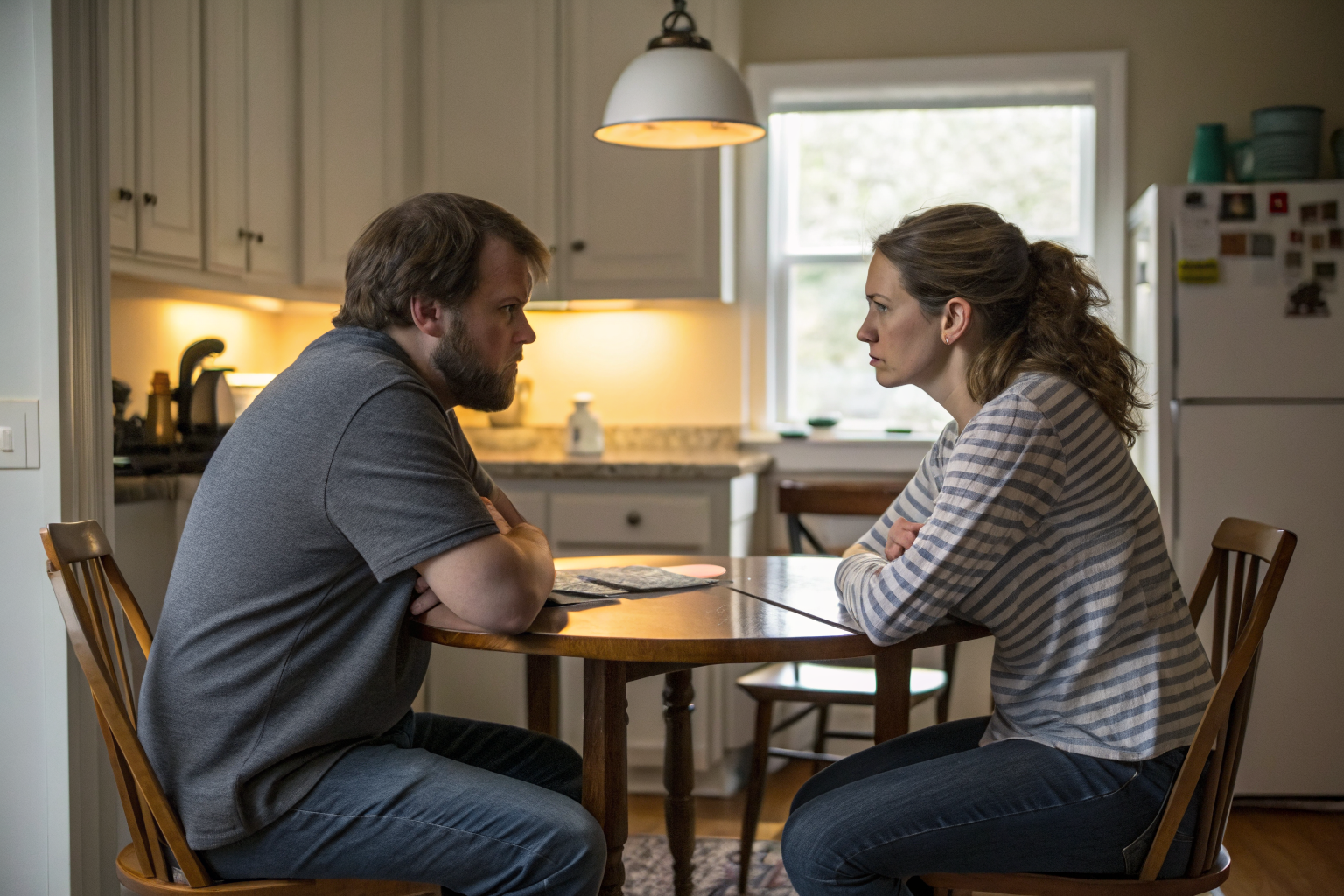 Beeld bij one adult man and one adult woman seated at opposite sides of a kitchen table