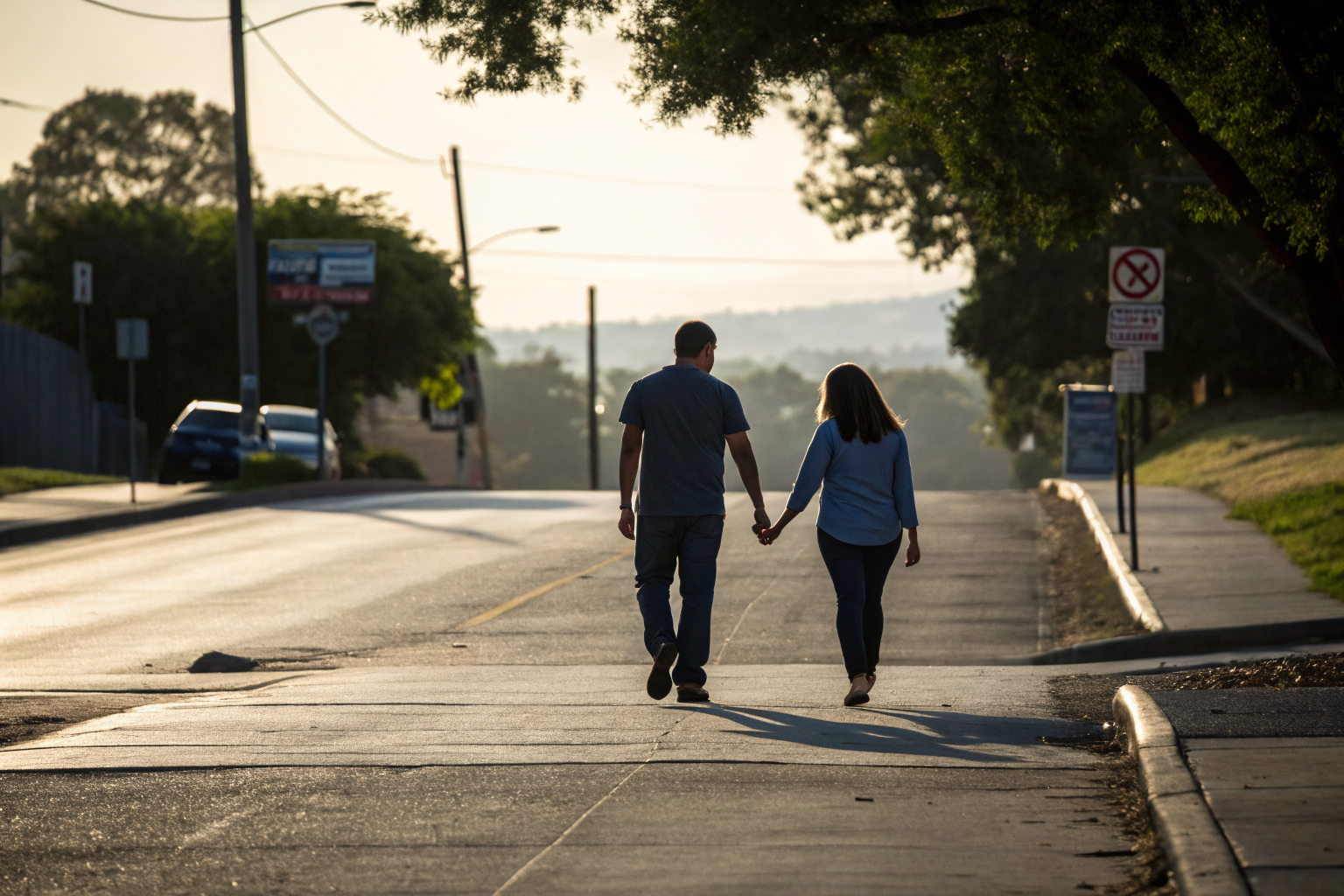 Beeld bij twijfels over je relatie: one adult man and one adult woman walking a few steps apart on a quiet street