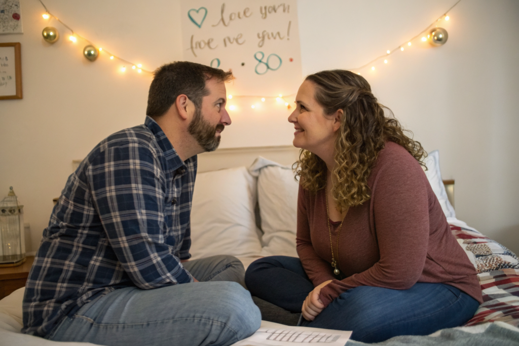 A couple sitting on a bed facing each other, looking each other in the eye