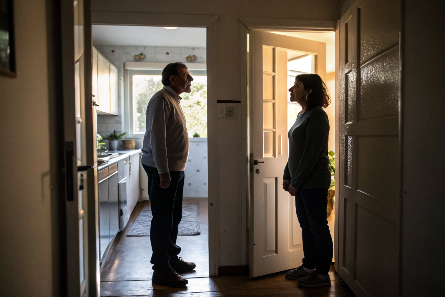 Beeld bij verbinding herstellen: one adult man and one adult woman standing apart in a kitchen doorway