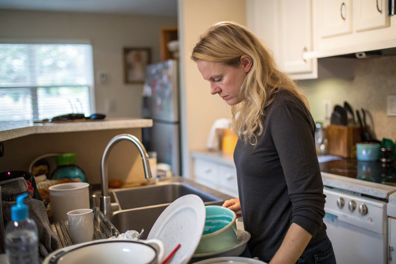 Blond hair woman mid thirties in a kitchen looking at the dishes