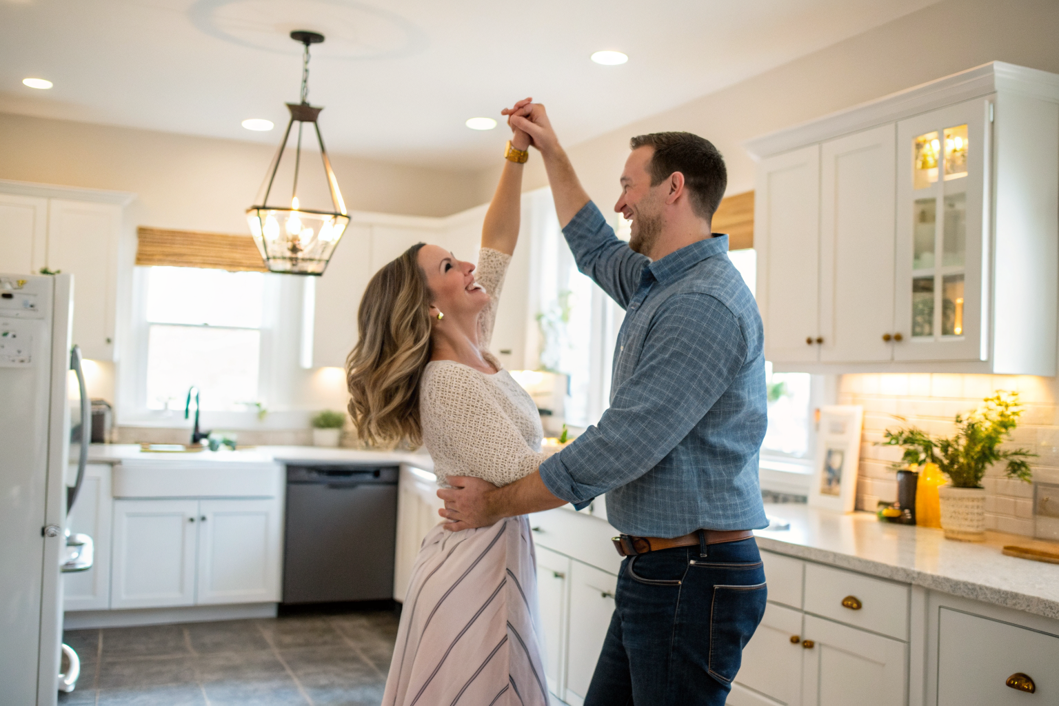 Beautiful real life couple man woman mid thirties dancing in living room