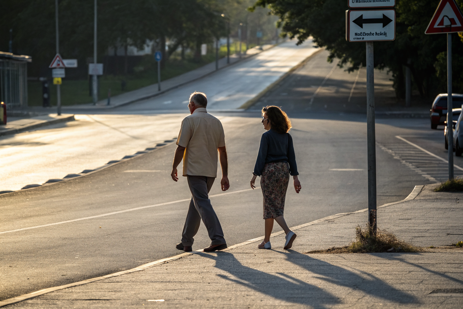 Beeld bij twijfels over je relatie: one adult man and one adult woman walking a few steps apart on a quiet street