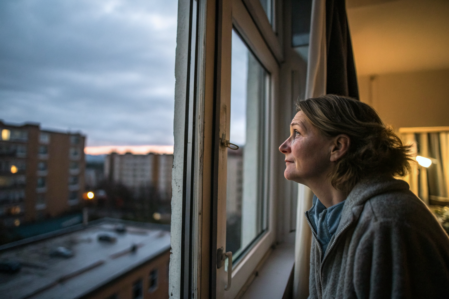 Beeld bij twijfels over je relatie: one adult woman looking out from an apartment window at dusk
