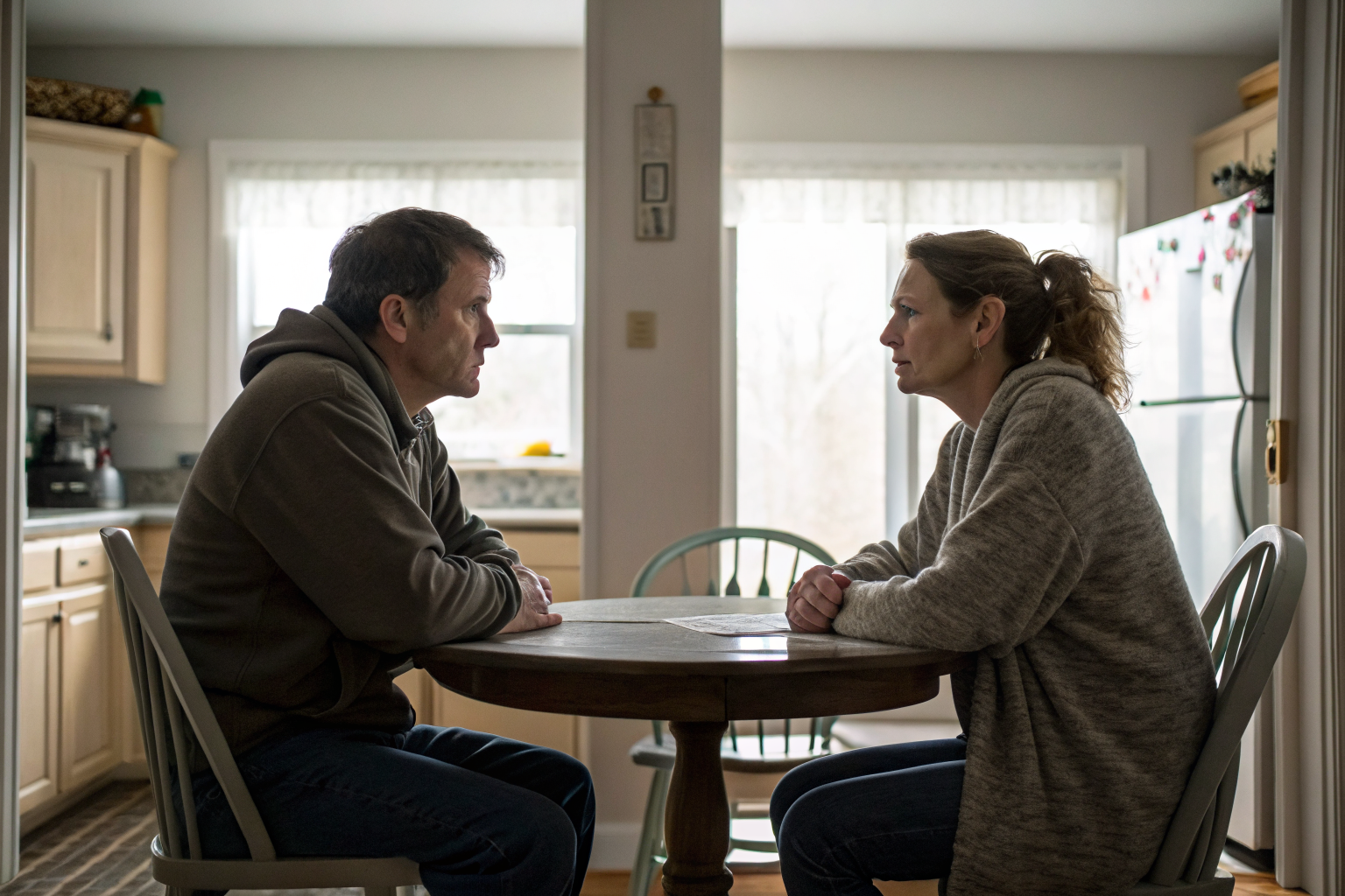 Beeld bij twijfels over je relatie: one adult man and one adult woman seated at opposite sides of a kitchen table