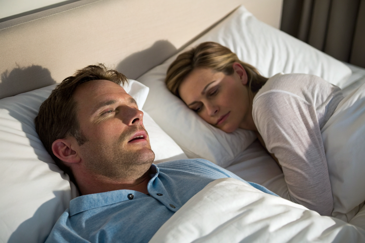 Man laying in bed next to his sleeping wife. She has her back turned toward him. He is barely awake because he heard something