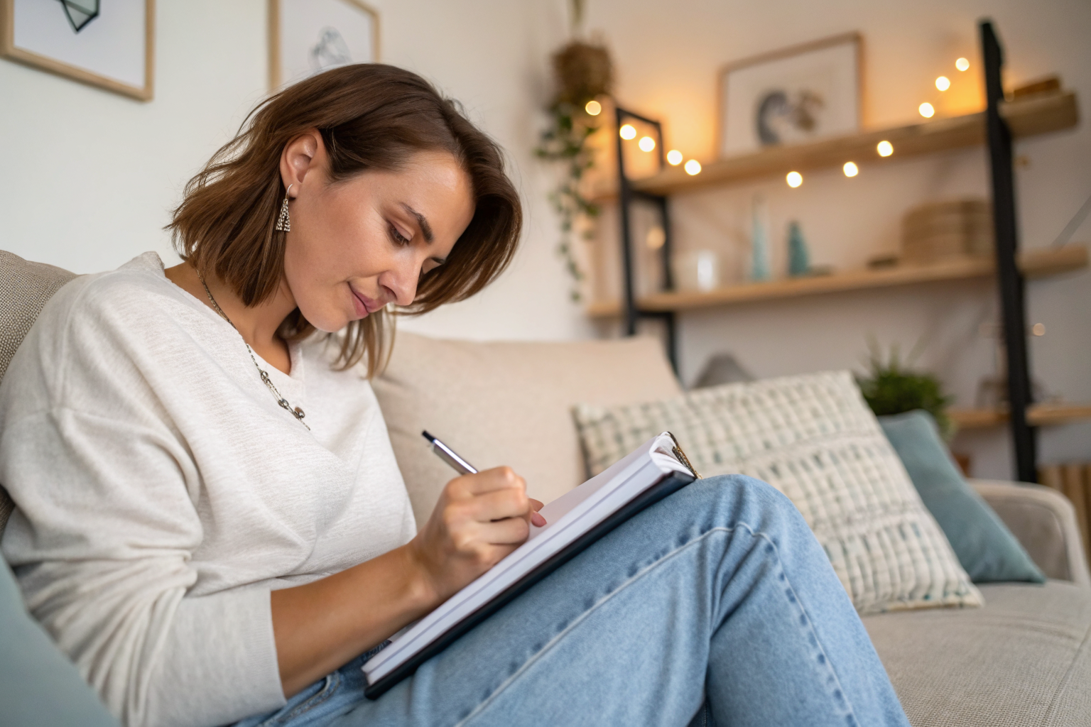 Woman sitting on a couch and writing