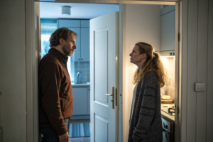 Beeld bij verbinding wat vaak: one adult man and one adult woman standing apart in a kitchen doorway
