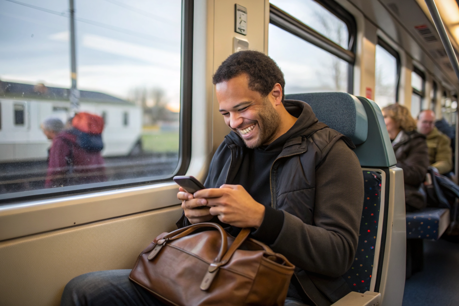 Man on his phone, smiling, texting his wife, on a train