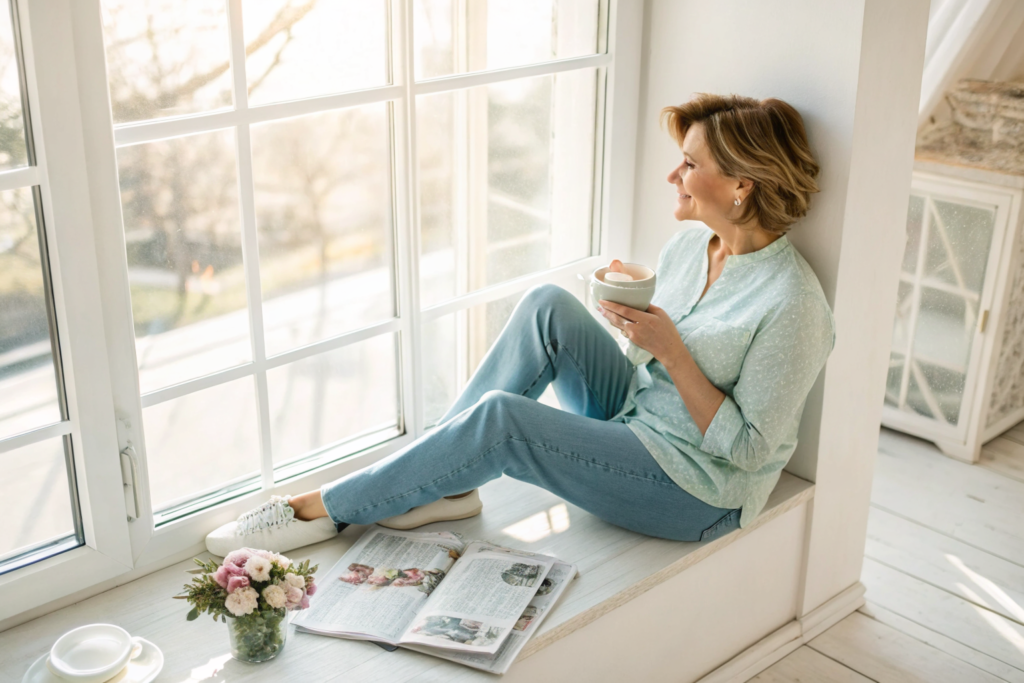 Beeld bij trouwen en commitment: one adult woman sitting by a bright window with a cup of tea