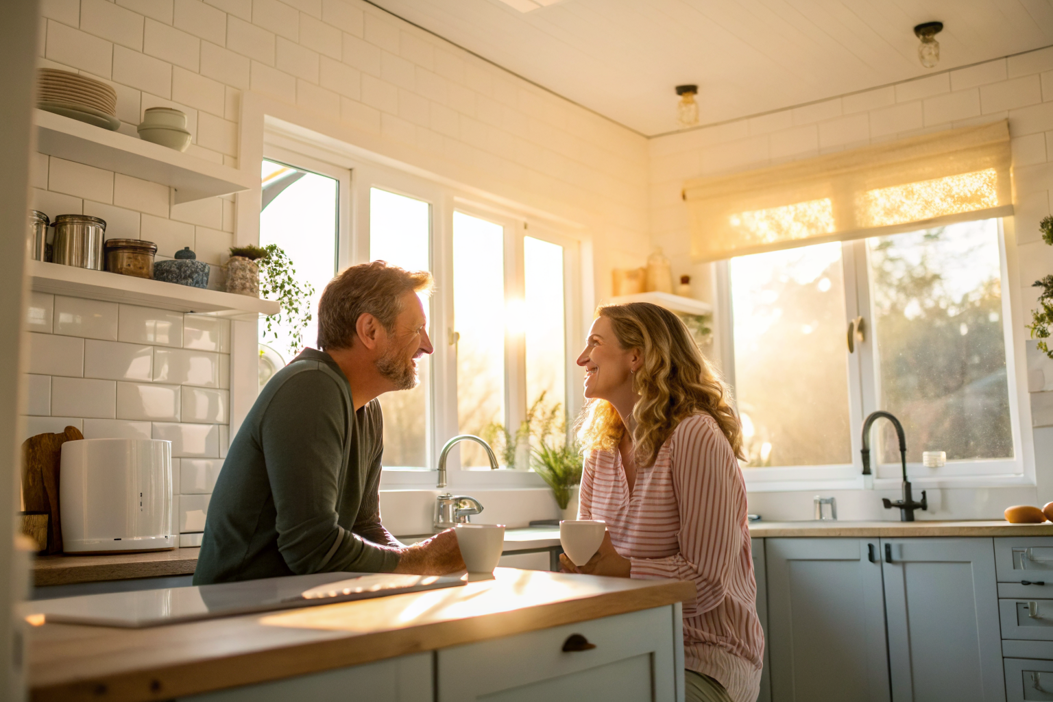 Beeld bij trouwen en commitment: one adult man and one adult woman talking warmly in a sunlit kitchen
