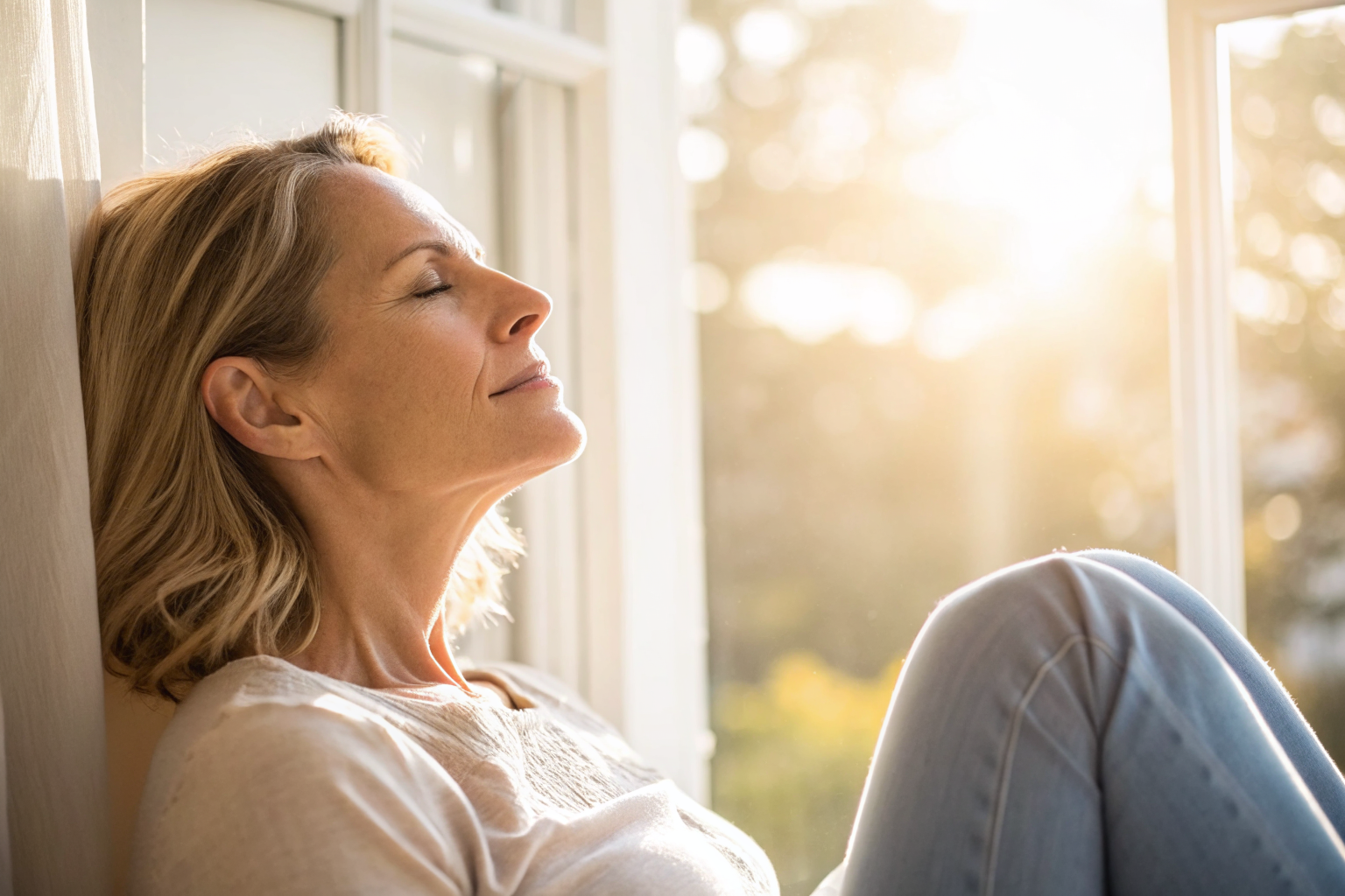 Beeld bij trouwen en commitment: one adult woman taking a calm breath by a sunny window