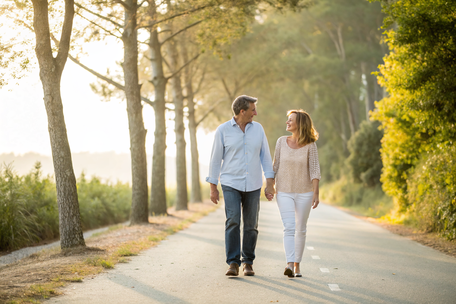 Beeld bij trouwen en commitment: one adult man and one adult woman walking together in golden afternoon light