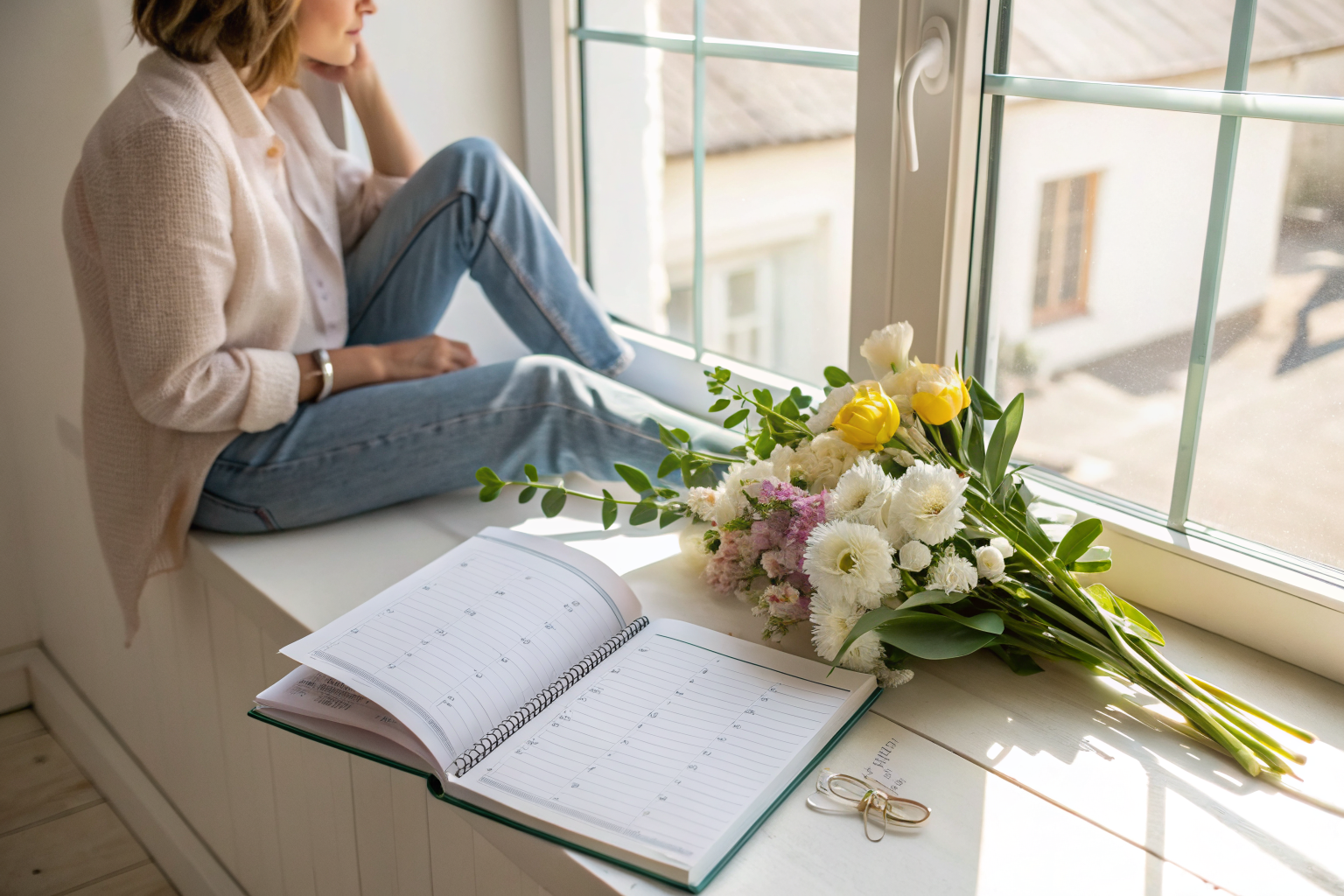 Beeld bij an open planner and fresh flowers on a sunny windowsill