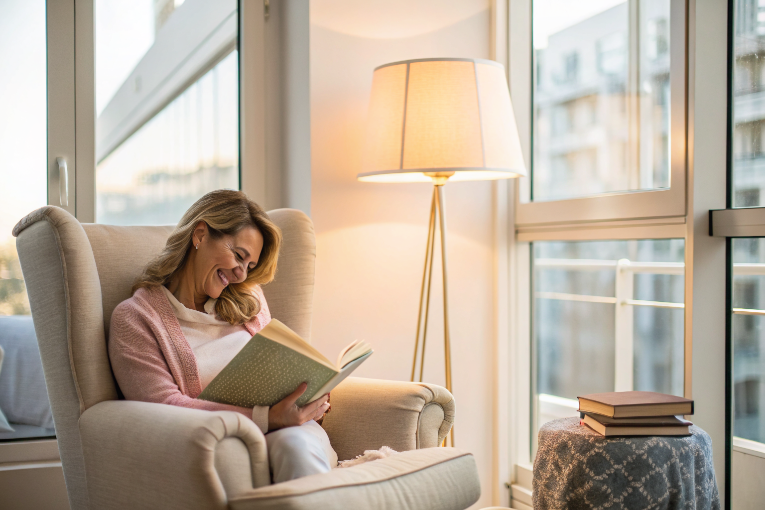 Beeld bij a bright, inviting reading corner with a soft chair by a window