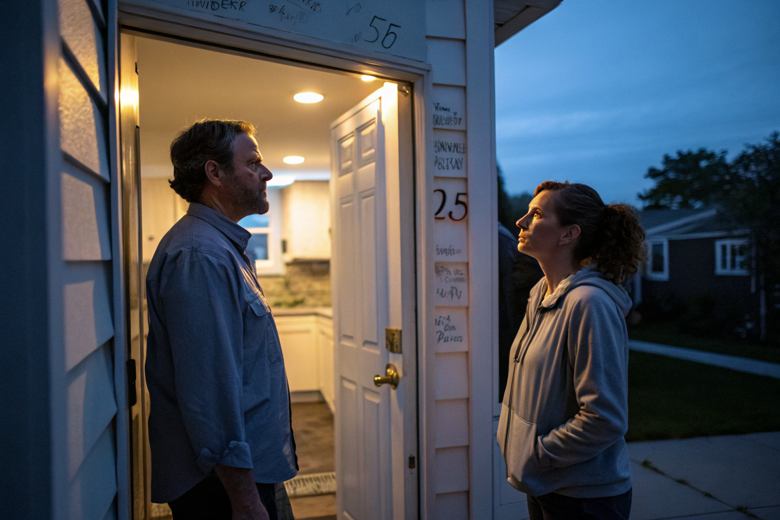 Beeld bij one adult man and one adult woman standing apart in a kitchen doorway