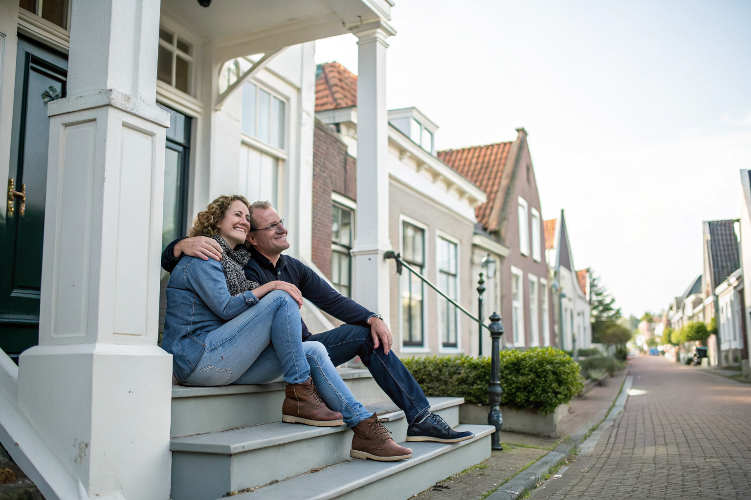 An adult man and adult woman sitting close on a wide sunlit porch step in a town in The Netherlands. The buildings can be found in The