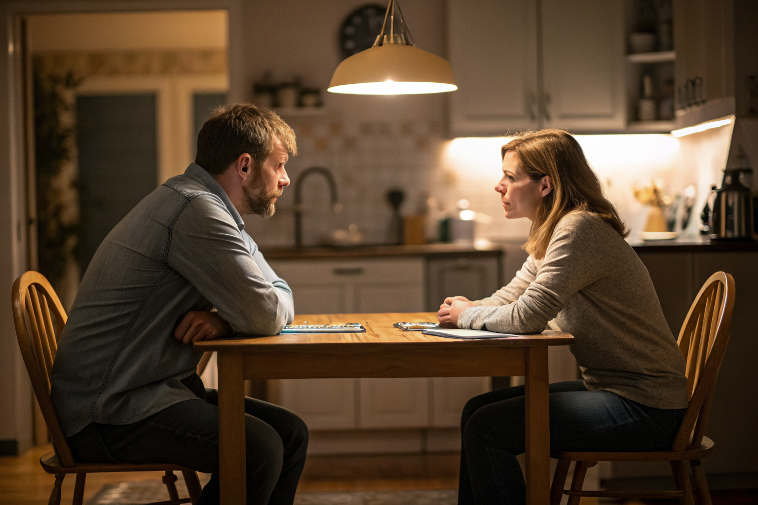Beeld bij one adult man and one adult woman seated at opposite sides of a kitchen table
