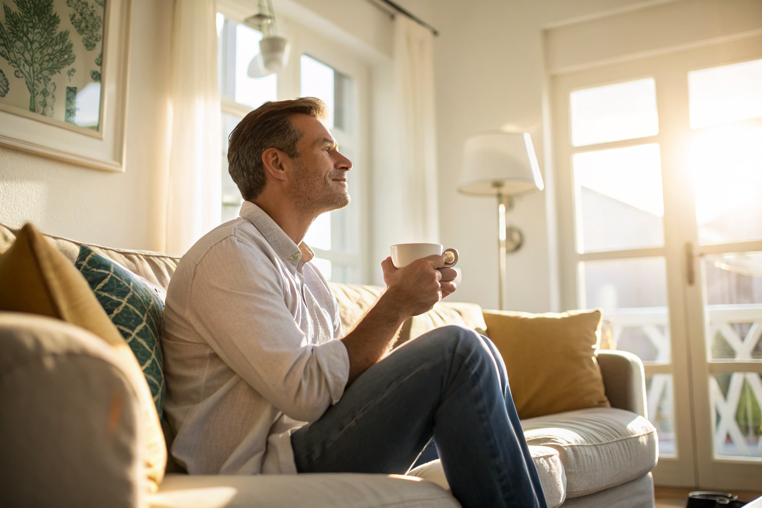 one adult man sitting on a couch with a cup of tea, low angle environmental shot, ate afternoon light. a quiet, hopeful morning of