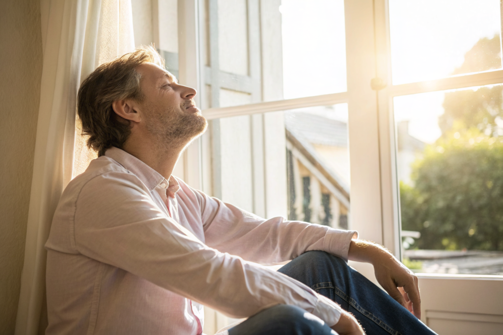 one adult man taking a calm breath by a window, overhead detail shot, warm light. calm and self-regulation shown through a relaxed breath in