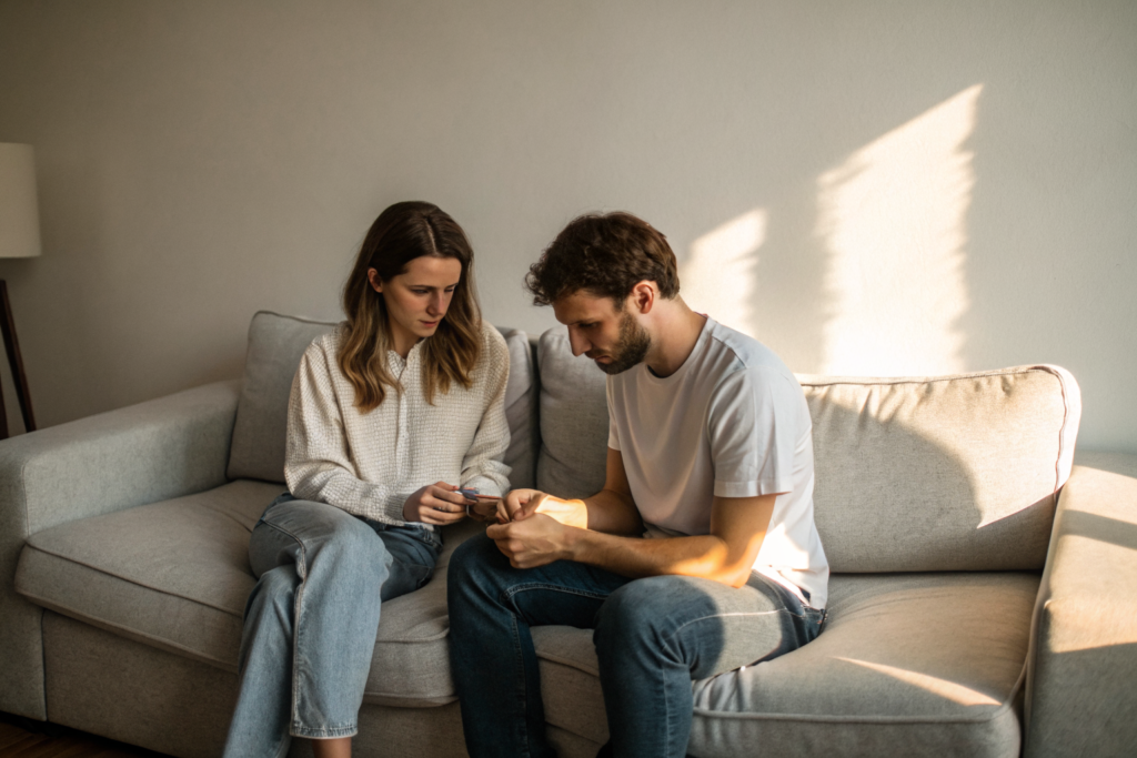 Beeld bij herstelvermogen in relaties: A man and a woman sitting on a grey linen couch with a small gap between them