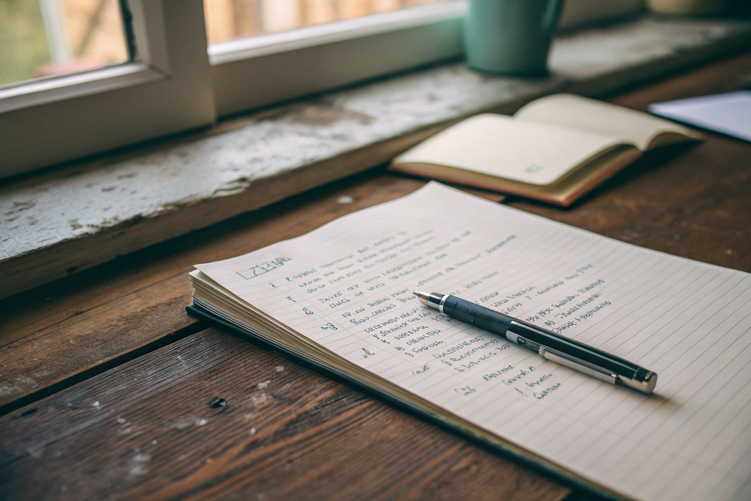 Beeld bij herstelvermogen in relaties: Close-up of a handwritten list of single words on lined paper resting on a worn wooden desk