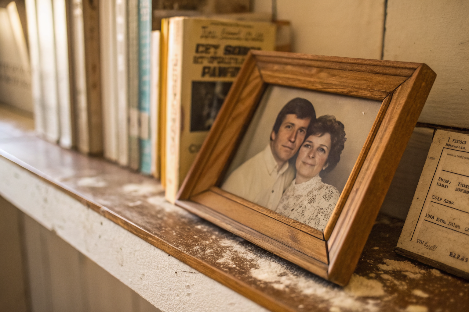 Beeld bij herstelvermogen in relaties: A faded old childhood photograph in a simple wooden frame standing on a dusty shelf